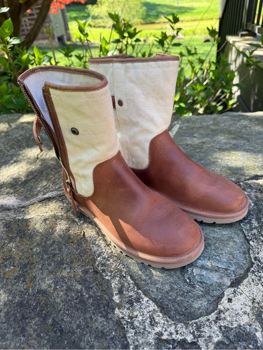 UGG Brown and Cream Leather Canvas Short Boots